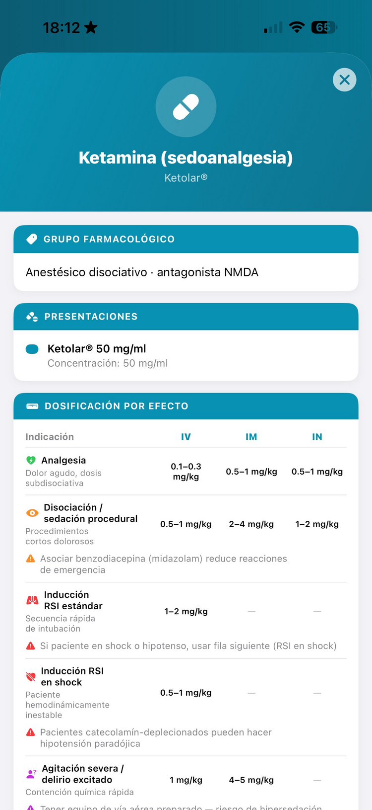 Ketamina con dosificación por efecto